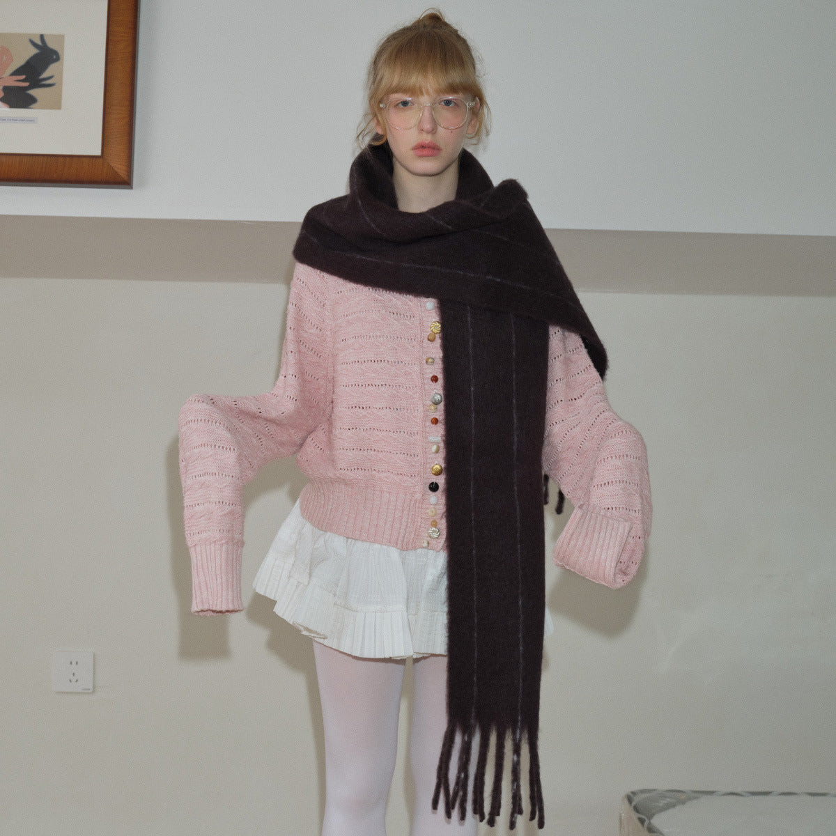 Swedish designer 25% wool blended vertical stripe neutral scarf women's winter black-brown atmosphere scarf