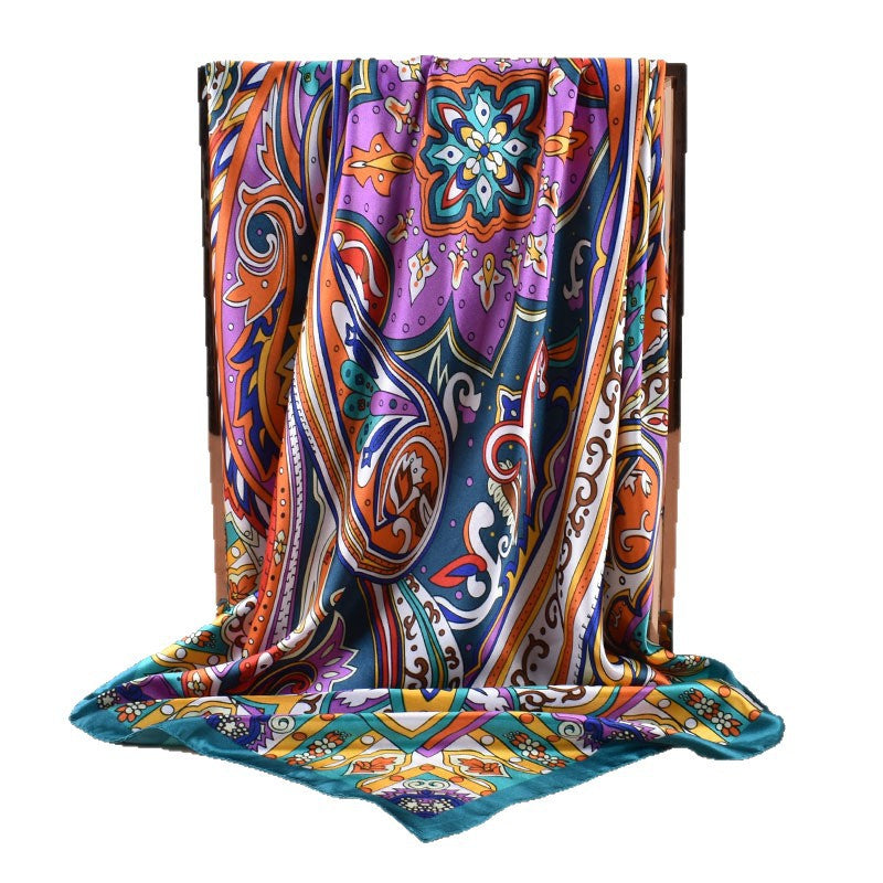 2025 new 90cm-color bright cashew flower printed square scarf with sunscreen bag head silk scarf decorative scarf