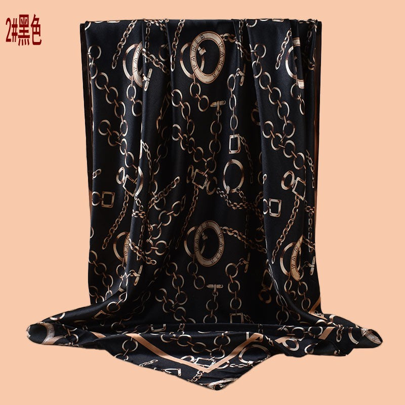 New 90-satin retro round chain printed square scarf with sunscreen bag head silk scarf decorative scarf