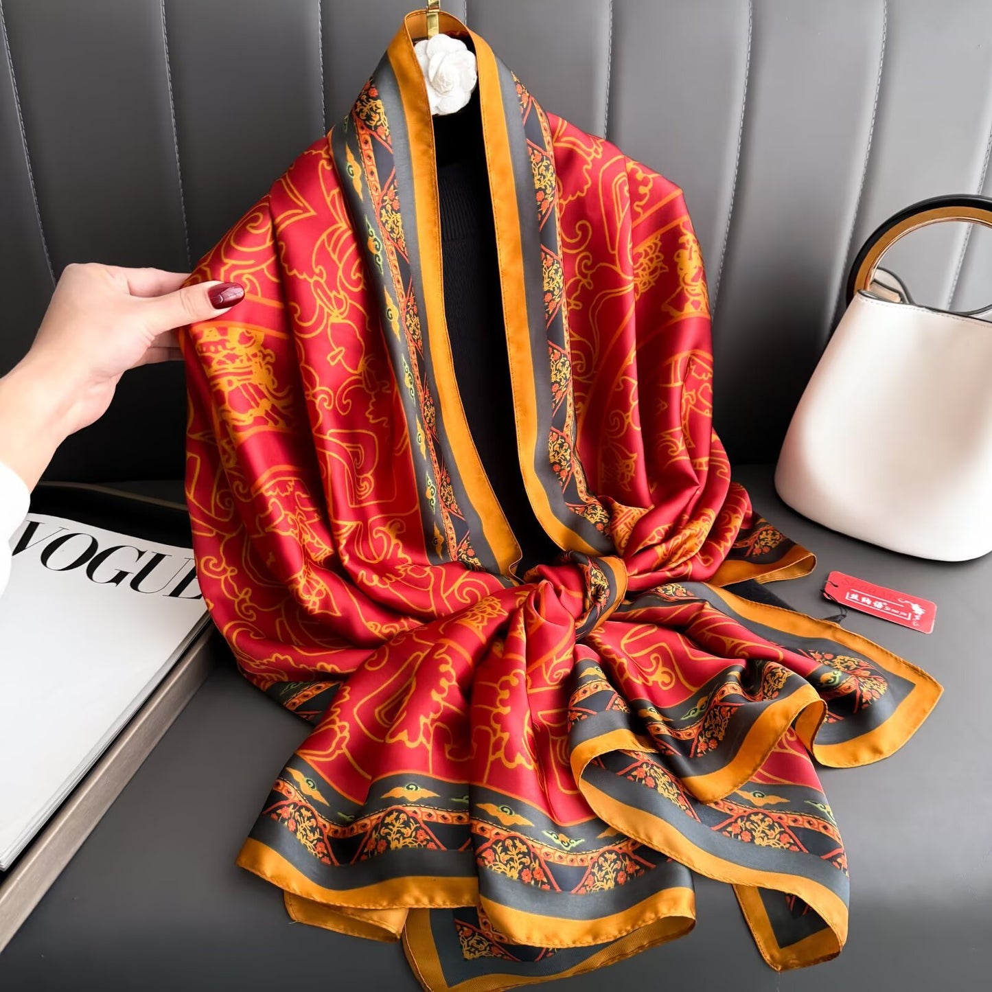 Retro ethnic style blessing character printing long silk scarf, simple and elegant temperament women's outer shawl, hand-in-hand gift silk scarf