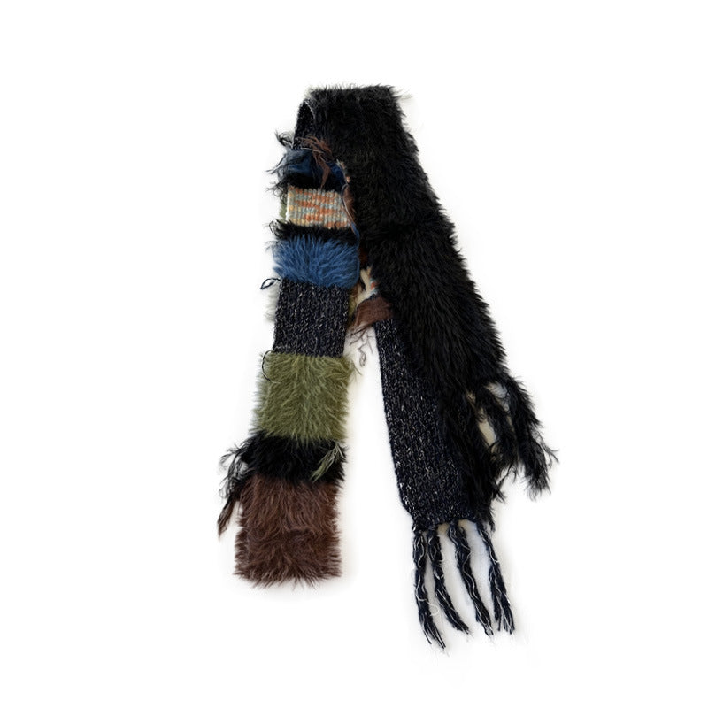 Show multi-material color matching shape decorative striped knitted fringed scarf men's and women's autumn and winter soft wool scarf