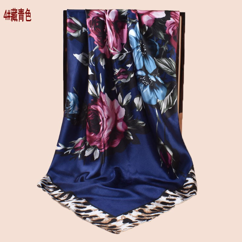 Spring new large shawl simulation silk leopard print rose printing silk scarf head scarf 90-color large square scarf