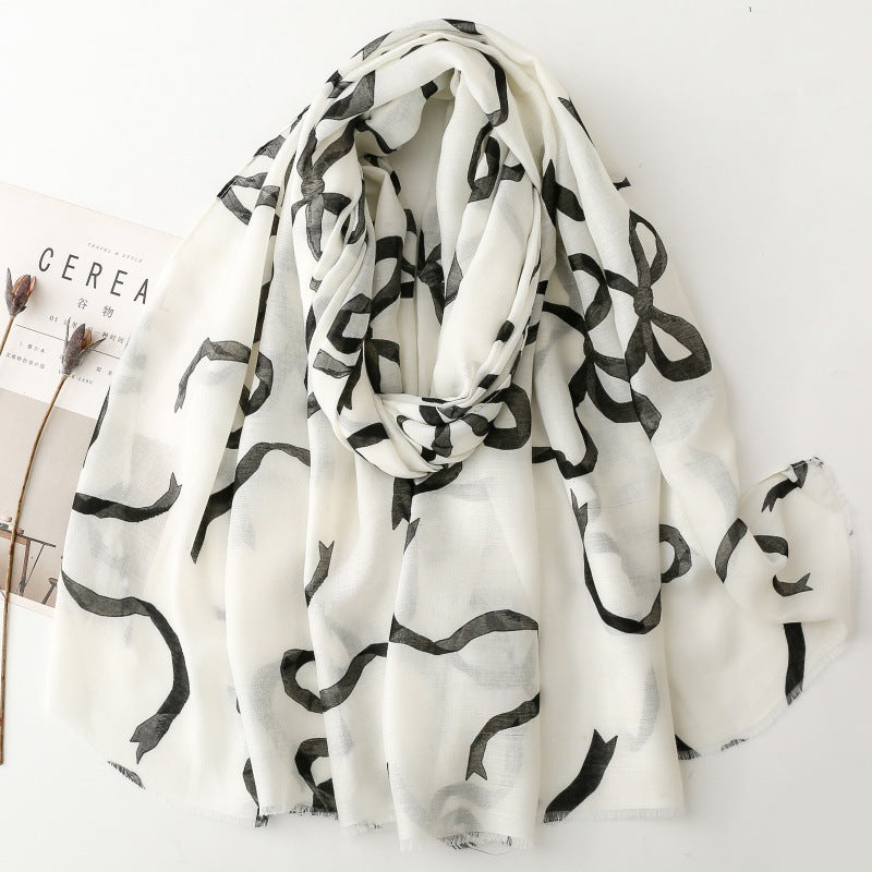 Spring and summer cotton and linen feel scarf rabbit ear tie bow chain burr silk scarf warm shawl