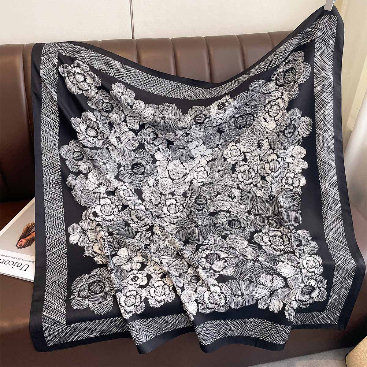 Spring and Autumn Thin Plant Flower Printing Neck Protection Scarf Women's 90 Twill Square Scarf Premium Foreign Shawl