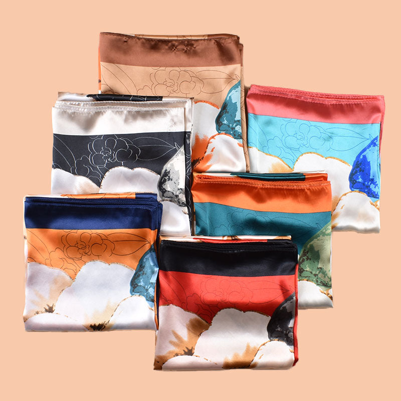 2025 new 90cm-color bud plain and elegant camellia printed square scarf with sunscreen bag head silk scarf decorative scarf