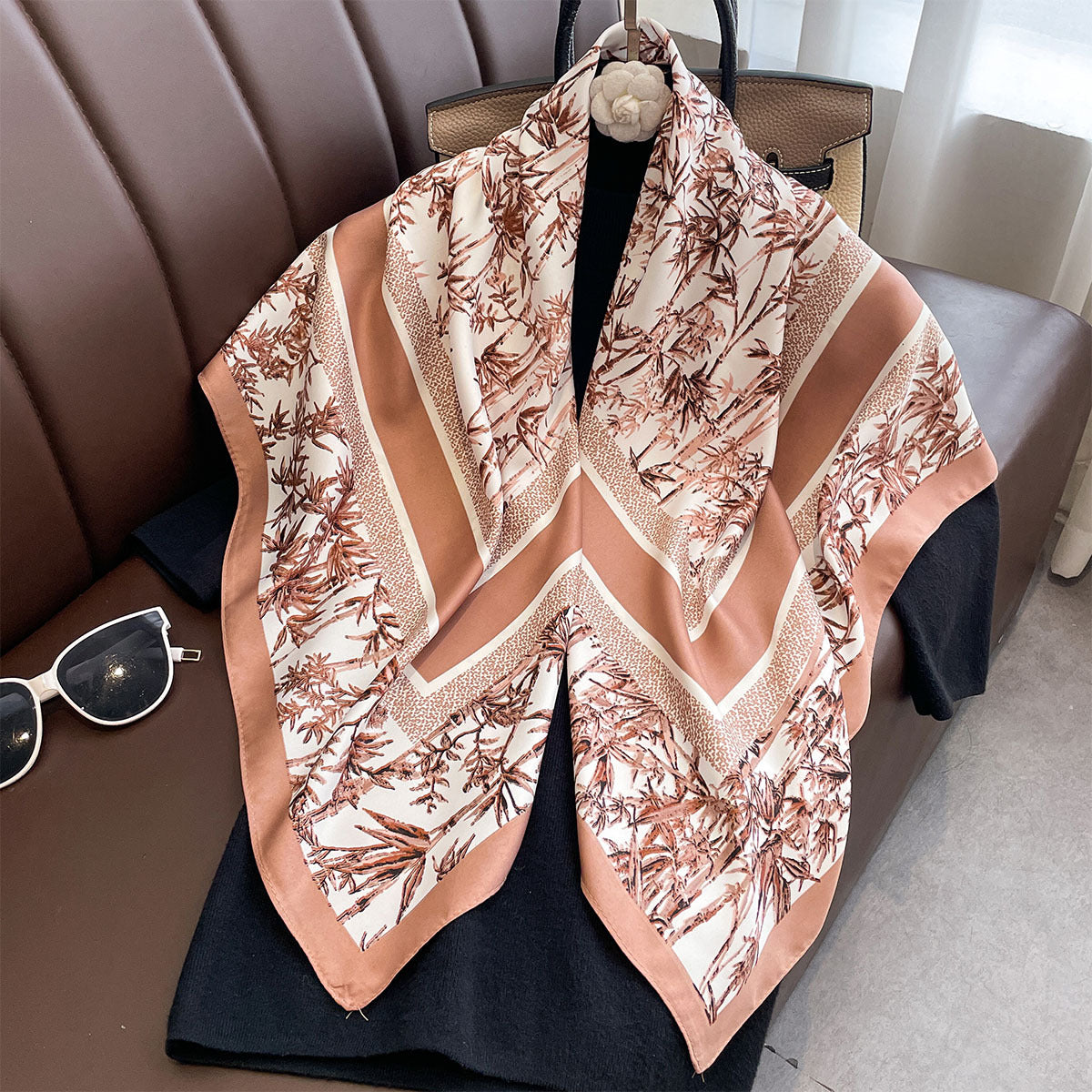 Autumn new classic bamboo leaf 90 printed large square scarf women's imitation silk high-end fashion shawl scarf
