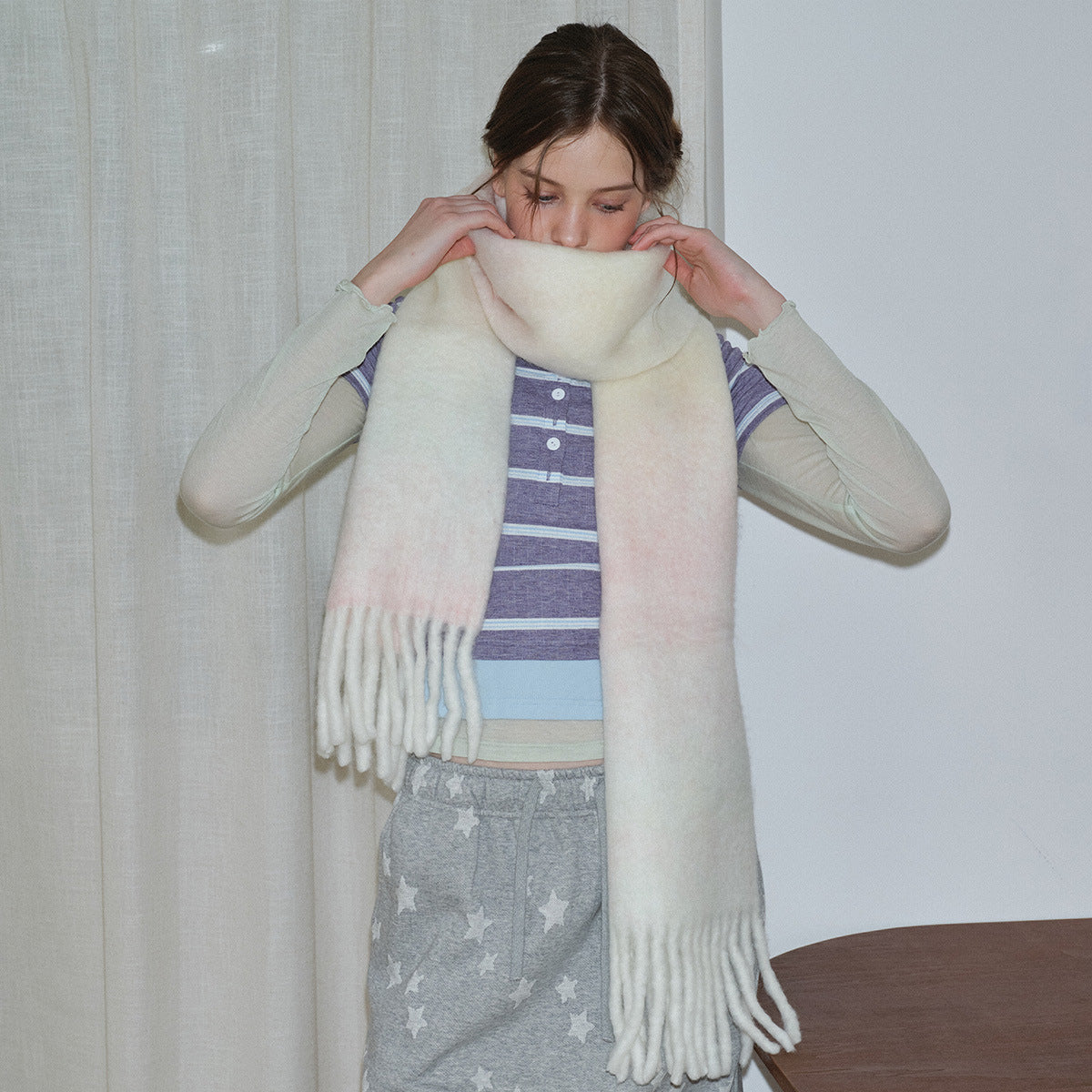 Wool blended gradual change of color scarf women's autumn and winter thickened warm ins atmosphere increased soft scarf