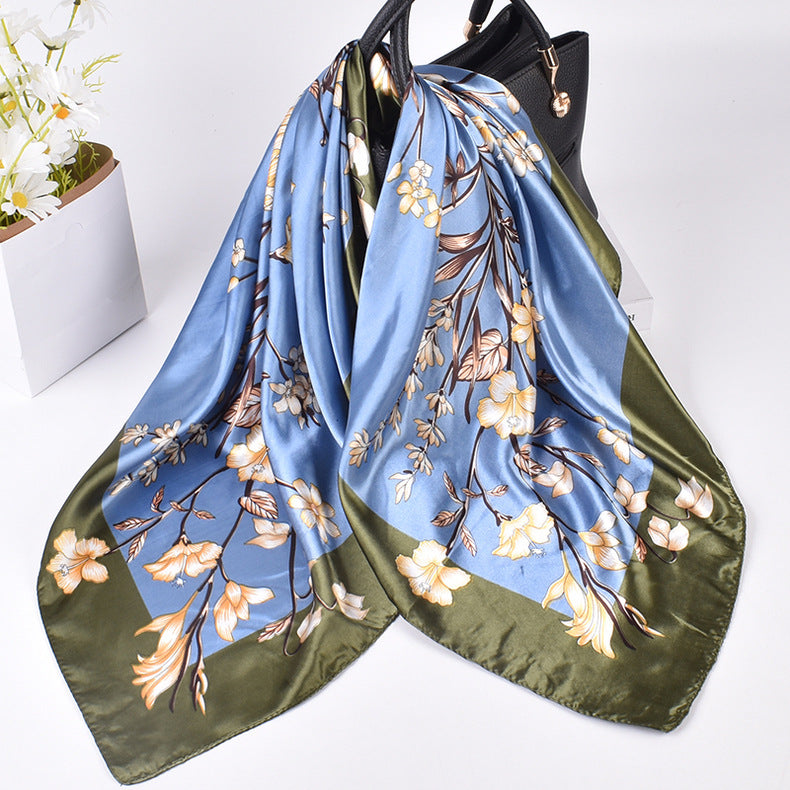 Spring and summer new fashion retro flower butterfly print satin square scarf silk scarf simulation silk circumference