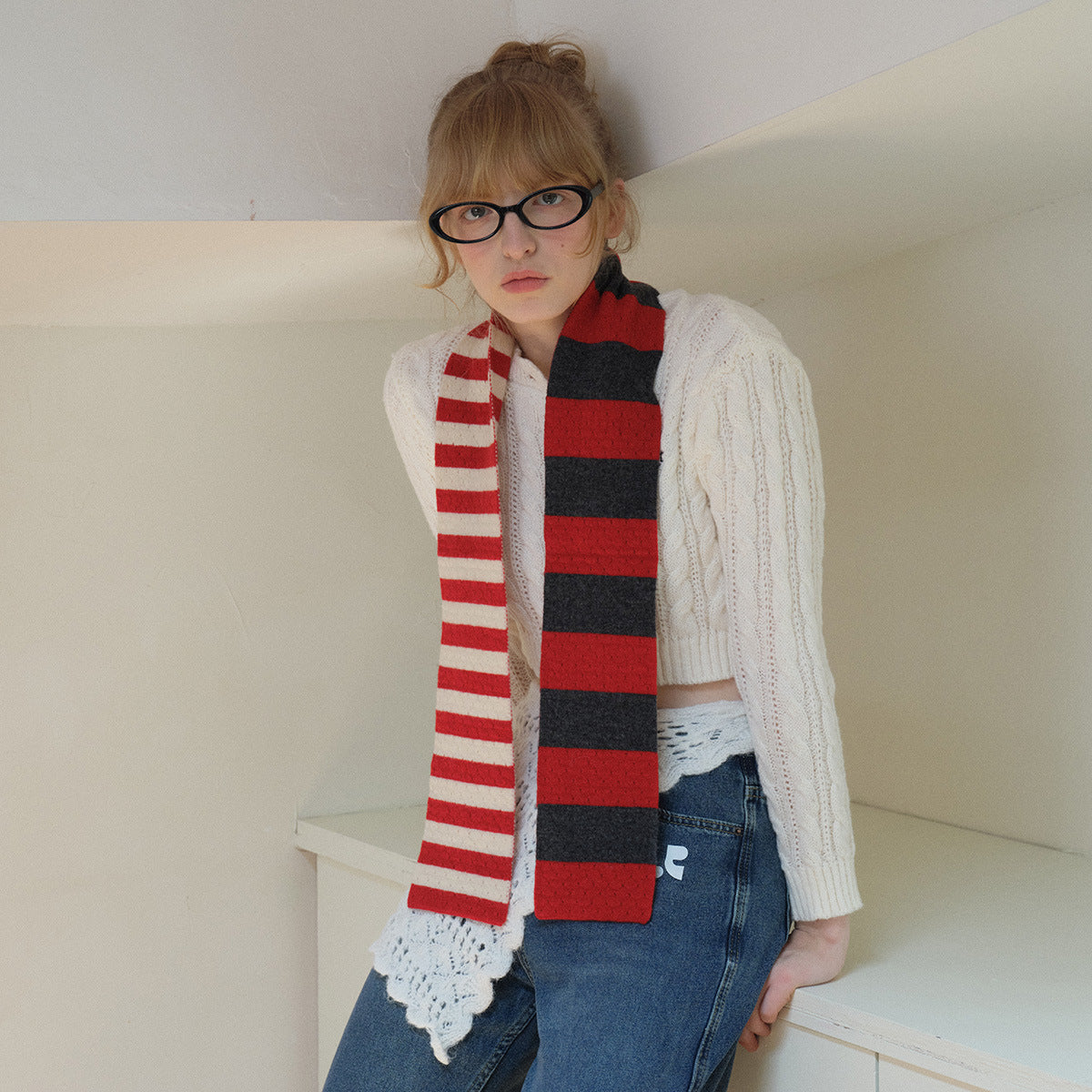 Selected 100% High Count Merino Wool Splicing Striped Scarf Women's Autumn and Winter Narrow Girly Scarf