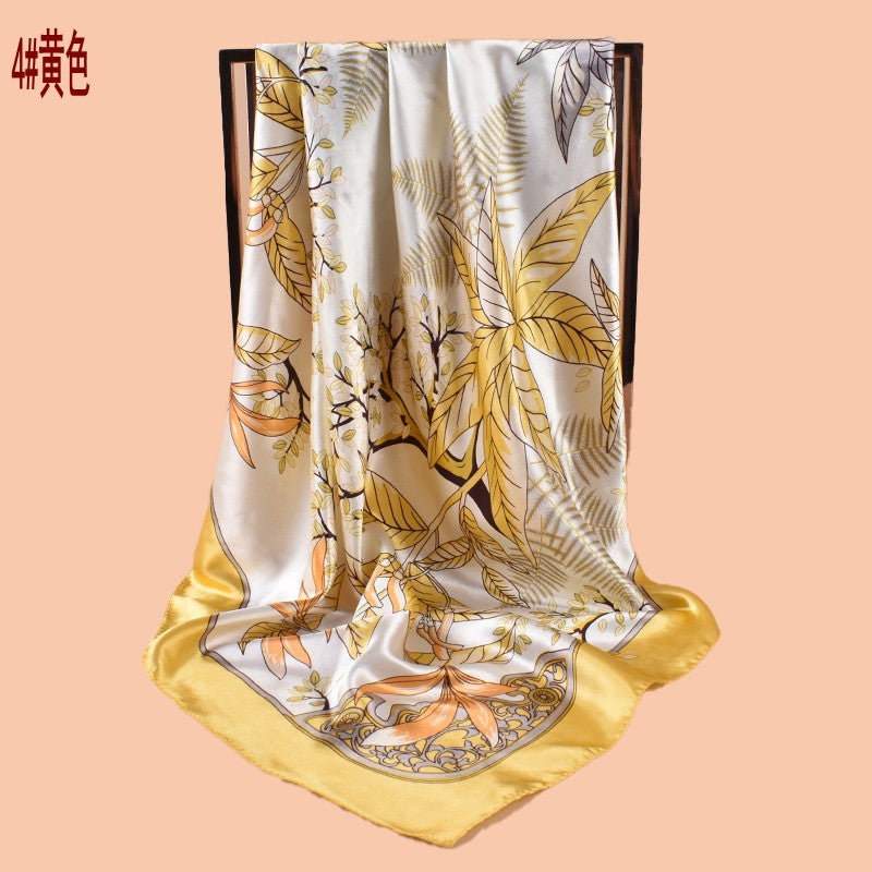 2025 new 90cm satin branches and leaves printed square scarf with sunscreen, bag head silk scarf decoration, scarf