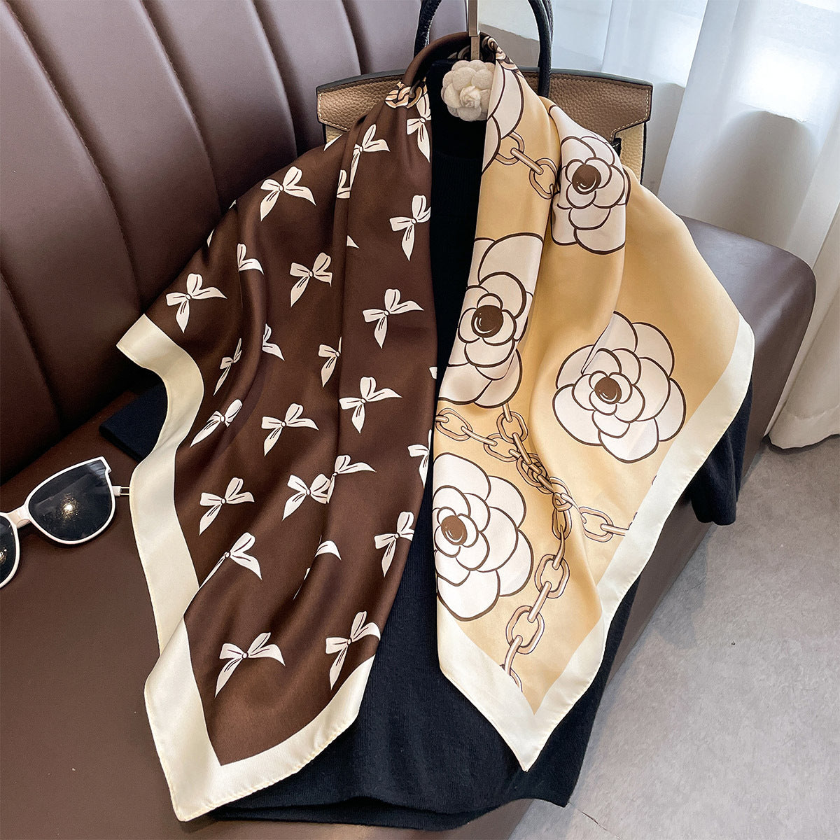 Spring and autumn new oblique silk pattern large square scarf bow flower print square scarf female imitation silk fashion versatile shawl