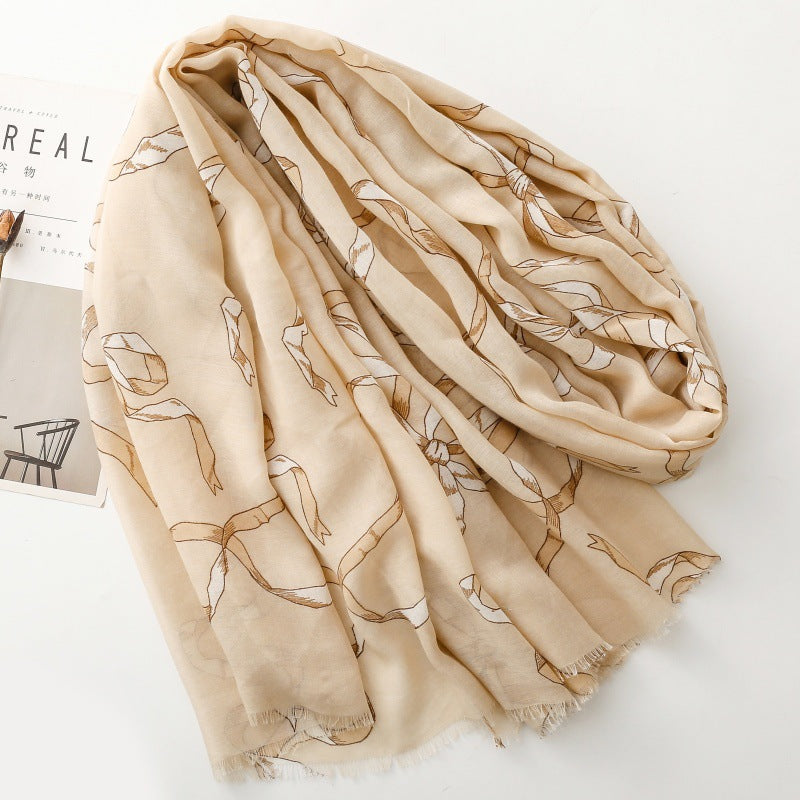 Spring and summer cotton and linen feel scarf rabbit ear tie bow chain burr silk scarf warm shawl
