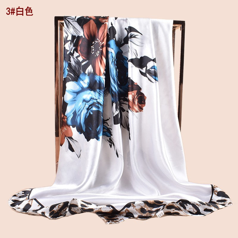 Spring new large shawl simulation silk leopard print rose printing silk scarf head scarf 90-color large square scarf