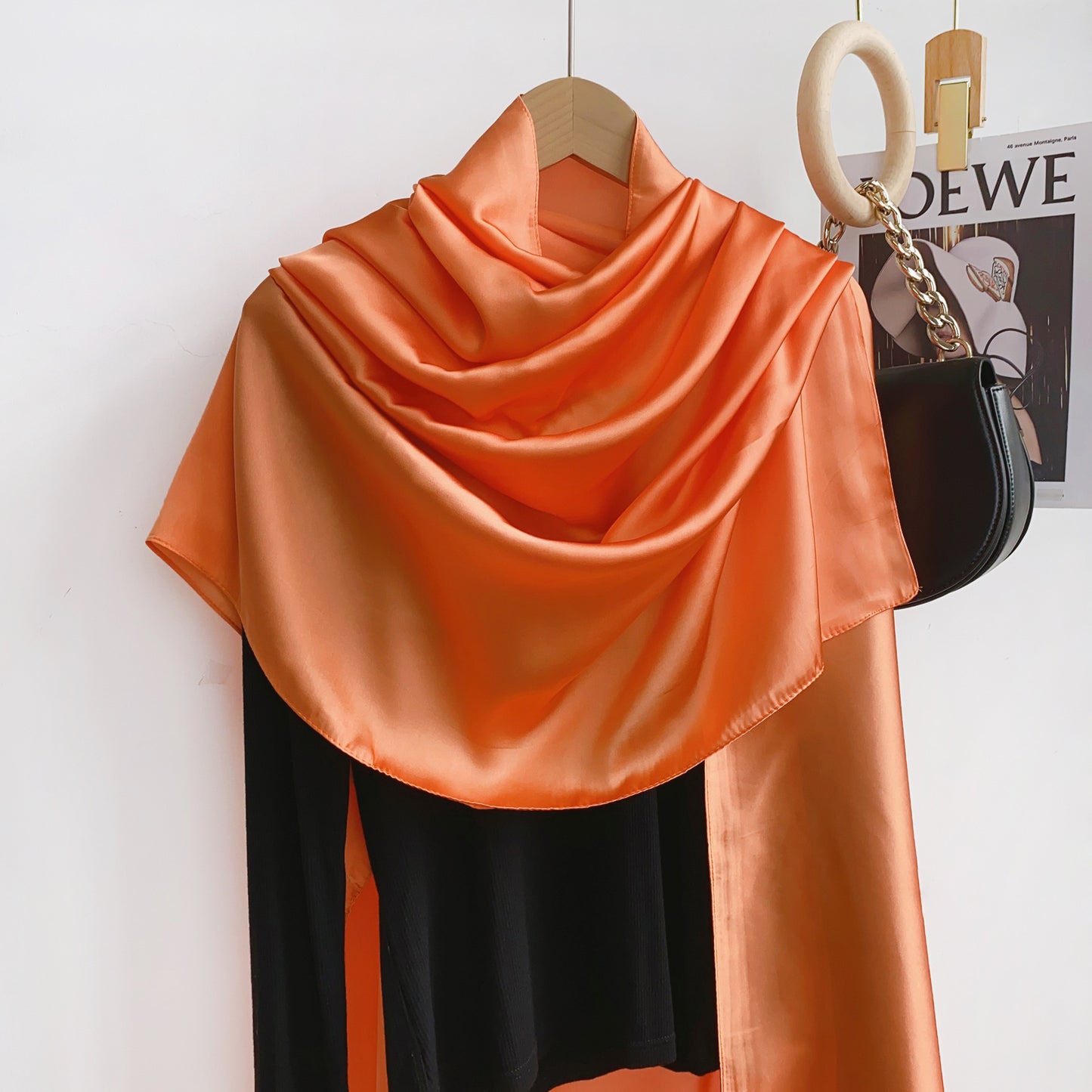 Simple and versatile monochrome solid color new silk satin long silk scarf headscarf, elegant temperament women's vacation shawl