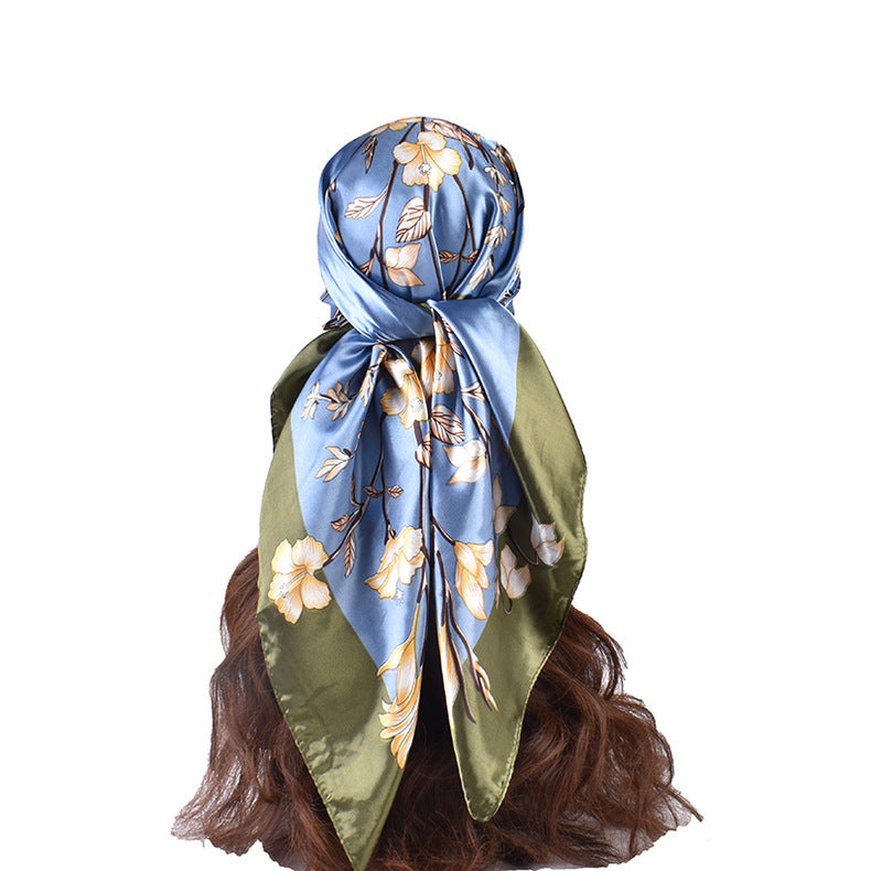 Spring and summer new fashion retro flower butterfly print satin square scarf silk scarf simulation silk circumference