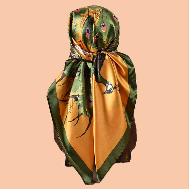 2025 new 90-color beautiful peacock versatile printed square scarf with sunscreen, bag head silk scarf decoration, scarf