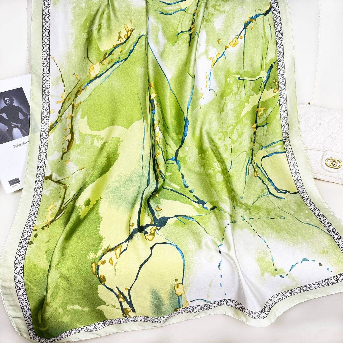 Fashion versatile gradual change color pattern printed silk scarf, elegant temperament women sunscreen shawl beach towel