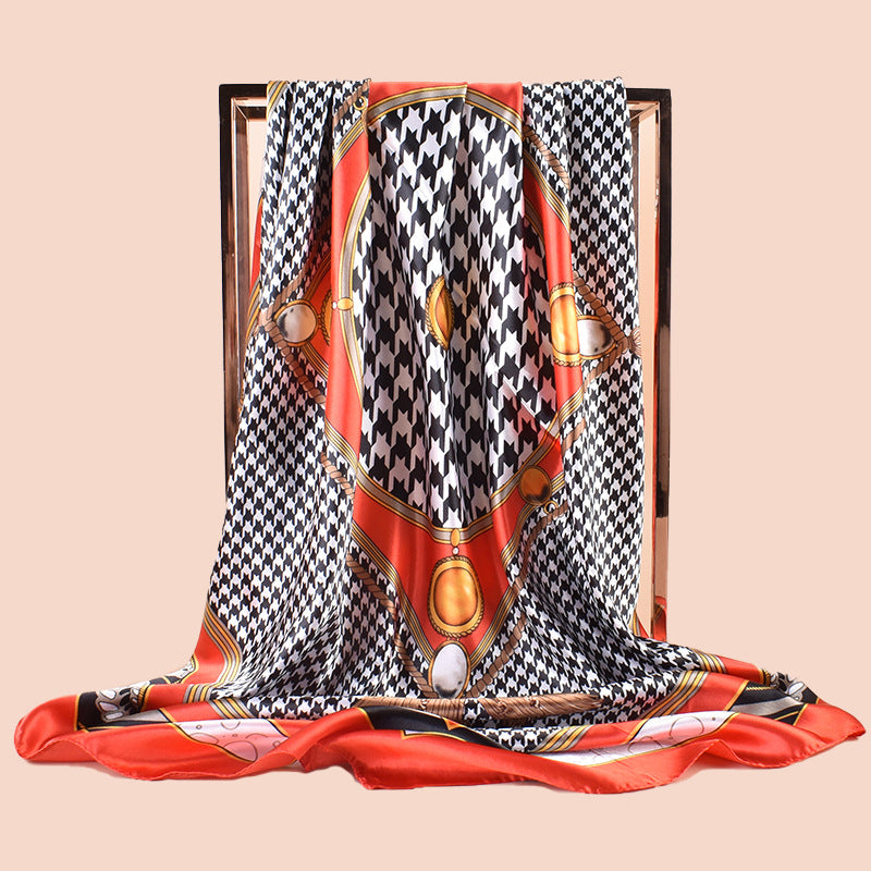 Spring new large shawl simulation silk thousand bird grid printing silk scarf head scarf 90-color diced large square scarf