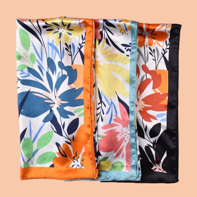 2025 new 90cm-satin cartoon flower versatile printed square scarf with sunscreen, bag head silk scarf decoration, scarf