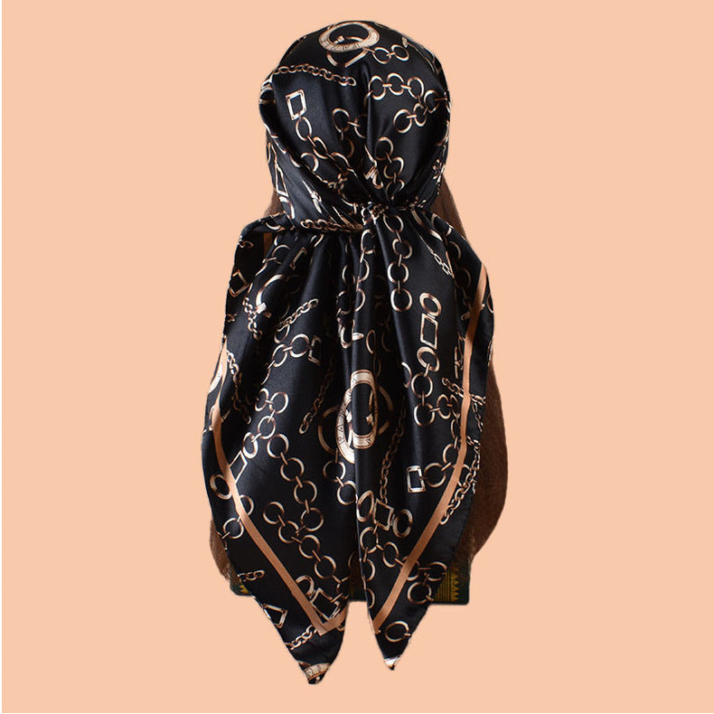 New 90-satin retro round chain printed square scarf with sunscreen bag head silk scarf decorative scarf