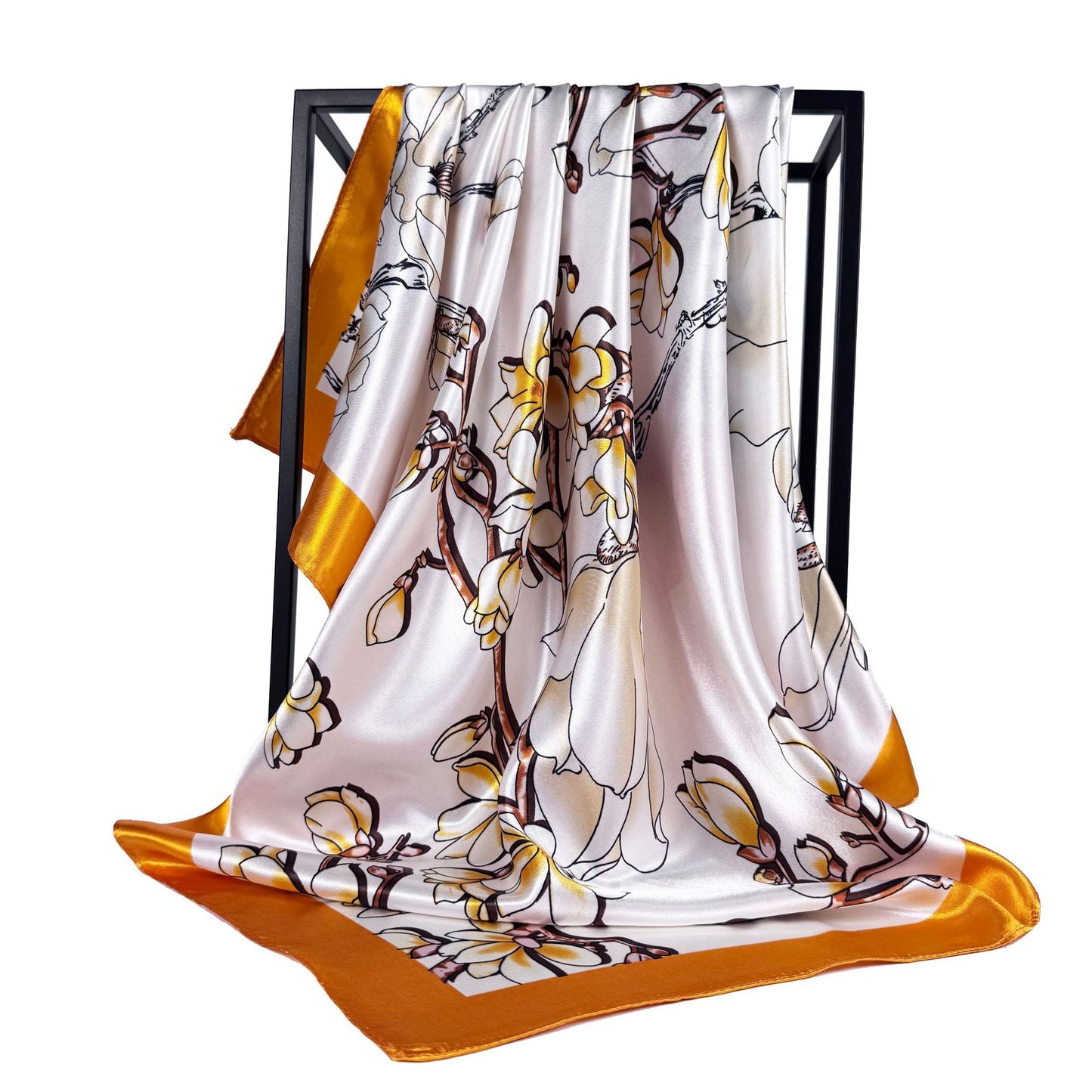 Elegant temperament women's decorative scarf, imitation silk satin plant flower flower printed silk scarf, bag head square scarf