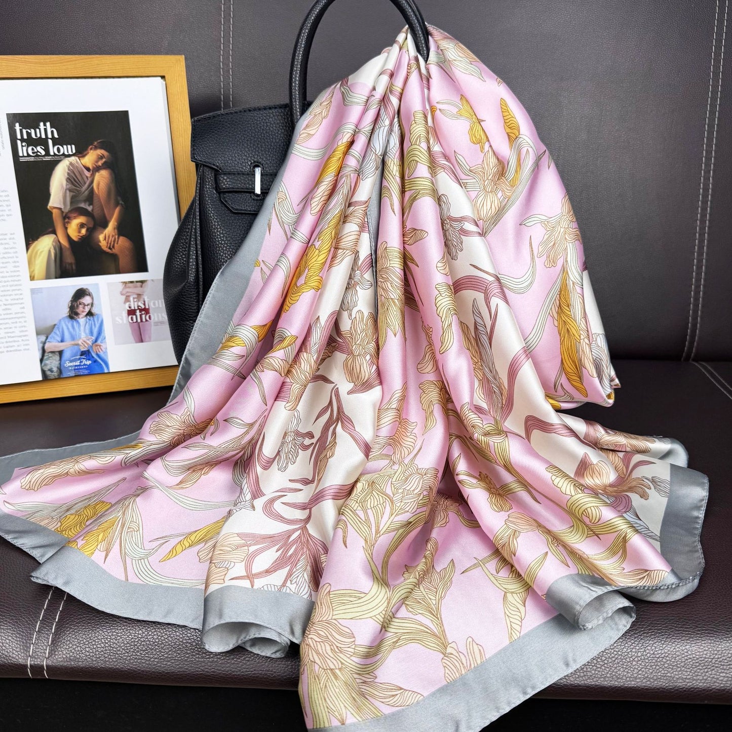 Simple and intellectual versatile brocade long silk scarf, fashionable women's decorative outer shawl travel and vacation scarf