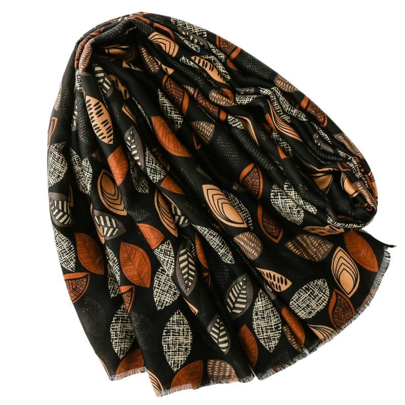Stylish and simple commuter cotton and linen feel scarf plant leaf rough edge silk scarf thick shawl