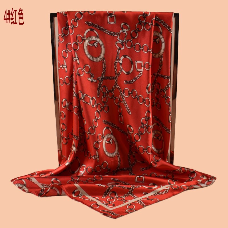 New 90-satin retro round chain printed square scarf with sunscreen bag head silk scarf decorative scarf