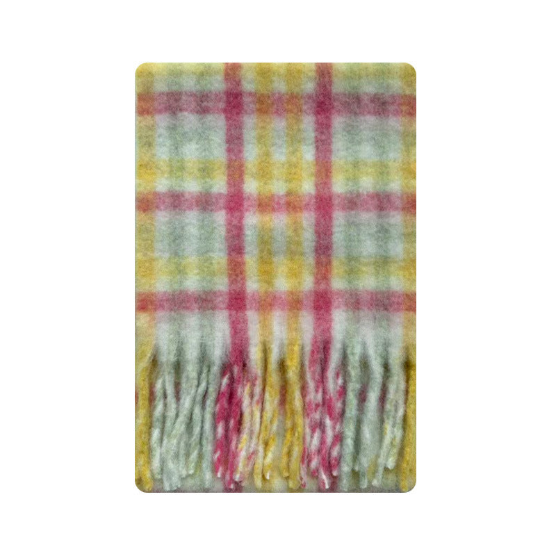 Niche wool blended rainbow plaid scarf women's autumn and winter plus fringed shawl Korean wool scarf