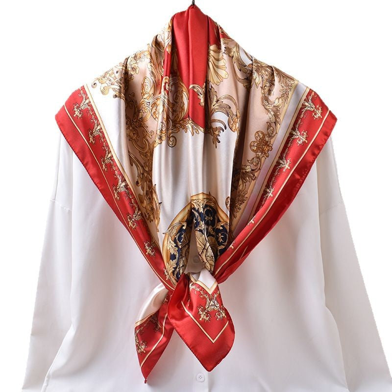 Spring and summer symmetrical vine symbol printed versatile decorative scarf headscarf silk scarf 90 high-quality satin square scarf