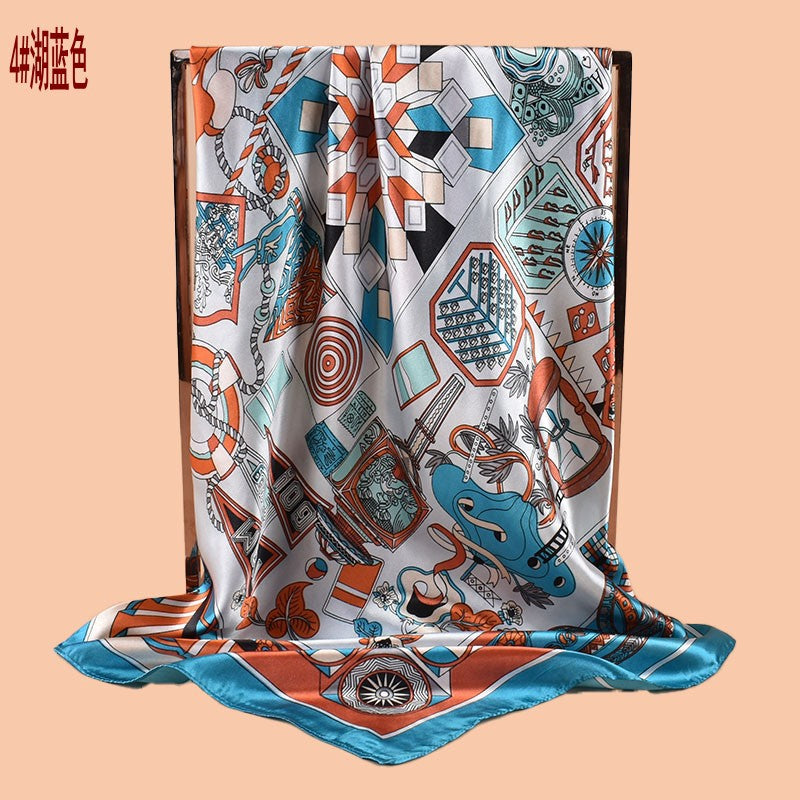2025 new 90cm-satin geometric retro printed square scarf with sunscreen bag head silk scarf decorative scarf