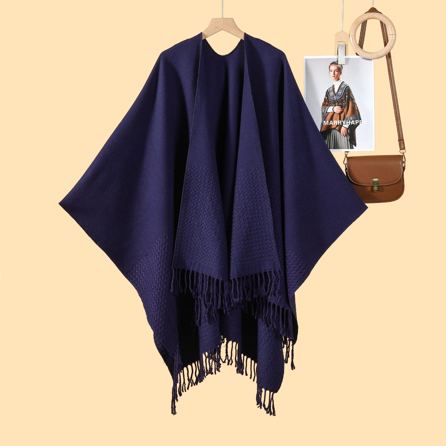 New monochrome fringed split shawl double-sided three-dimensional wave jacquard warm imitation cashmere scarf cape cardigan women