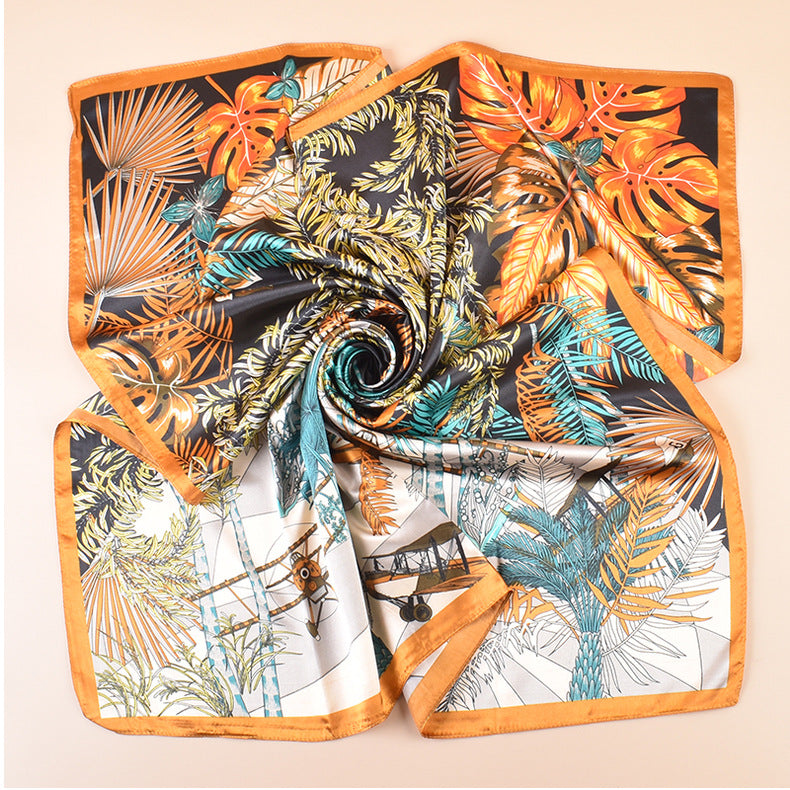 Spring and summer scarf fashionable versatile pastoral plant printing decorative headscarf silk scarf 90cm high-quality satin square scarf