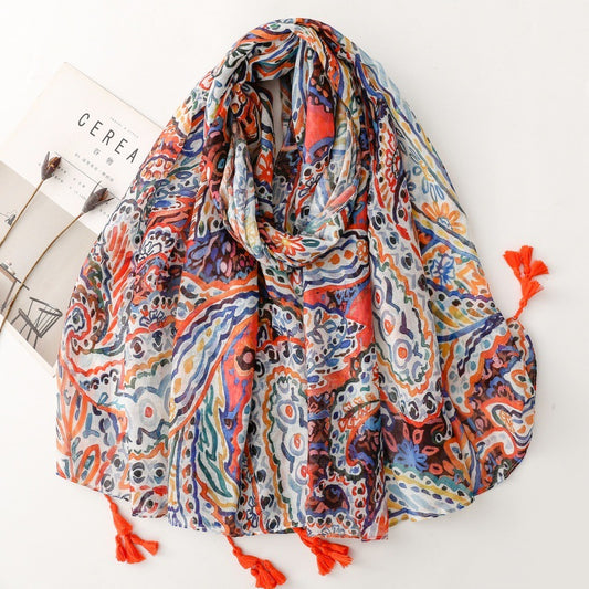 Bohemian Fashion Scarf Colored Paisley Cashew Floral Pattern Tassel Travel Accessories Silk Scarf Shawl Women