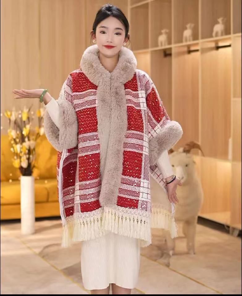 Autumn and winter new cape shawl loose fleece thickened fur collar hooded fringed cardigan shawl cape jacket 1186