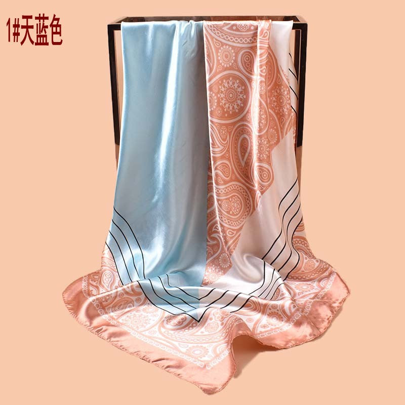 2025 new 90-satin color matching cashew nut flower printing square scarf with sunscreen, bag head silk scarf decoration, scarf