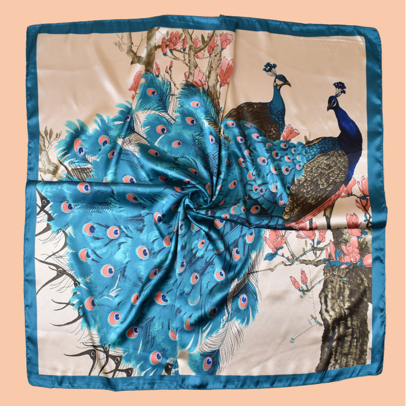 2025 new 90-color beautiful peacock versatile printed square scarf with sunscreen, bag head silk scarf decoration, scarf