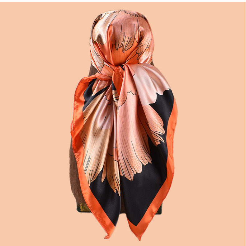 New 90-satin peony flower blooming rich printing square scarf with sunscreen bag head silk scarf decorative scarf