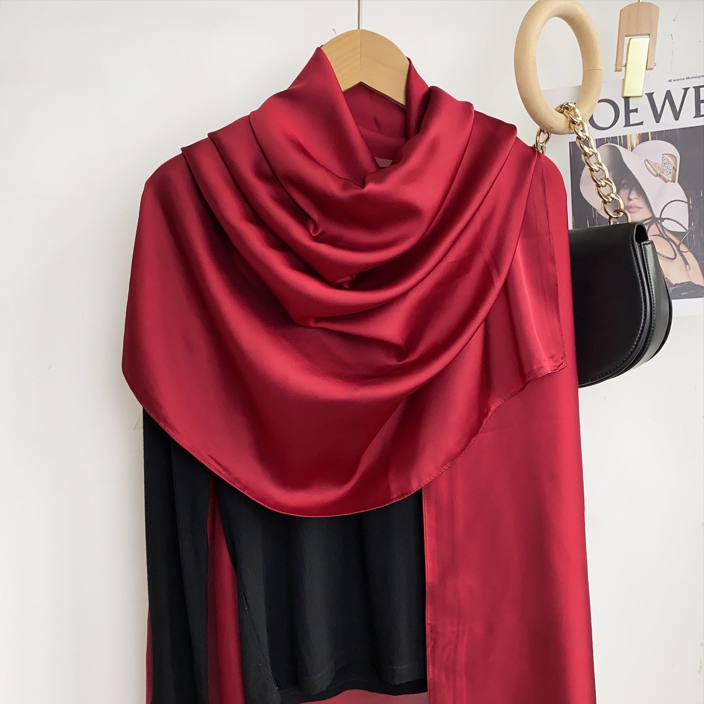 Simple and versatile monochrome solid color new silk satin long silk scarf headscarf, elegant temperament women's vacation shawl