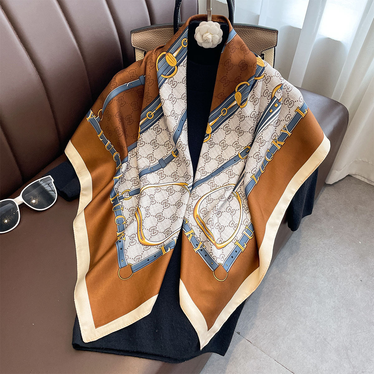 Spring and Autumn new letter 90 printed large square scarf women's travel sunscreen shawl temperament versatile thin scarf