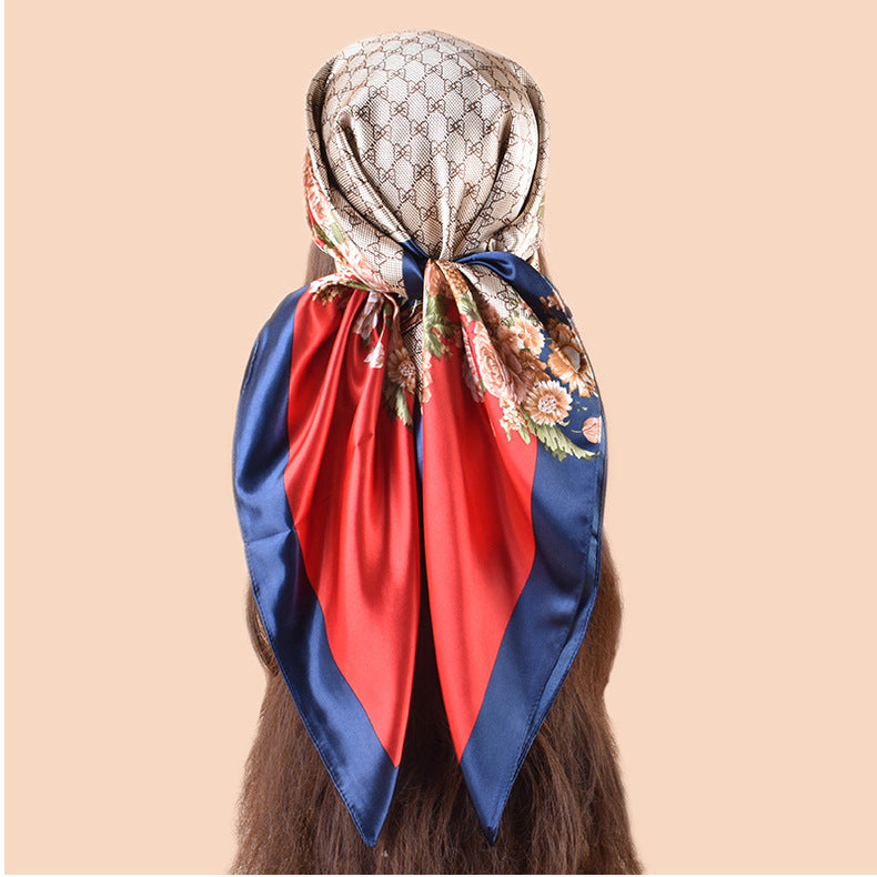 Spring and summer scarf temperament floral printing versatile decorative scarf headscarf silk scarf 90 high-quality satin square scarf