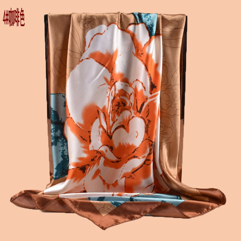 2025 new 90cm-color bud plain and elegant camellia printed square scarf with sunscreen bag head silk scarf decorative scarf
