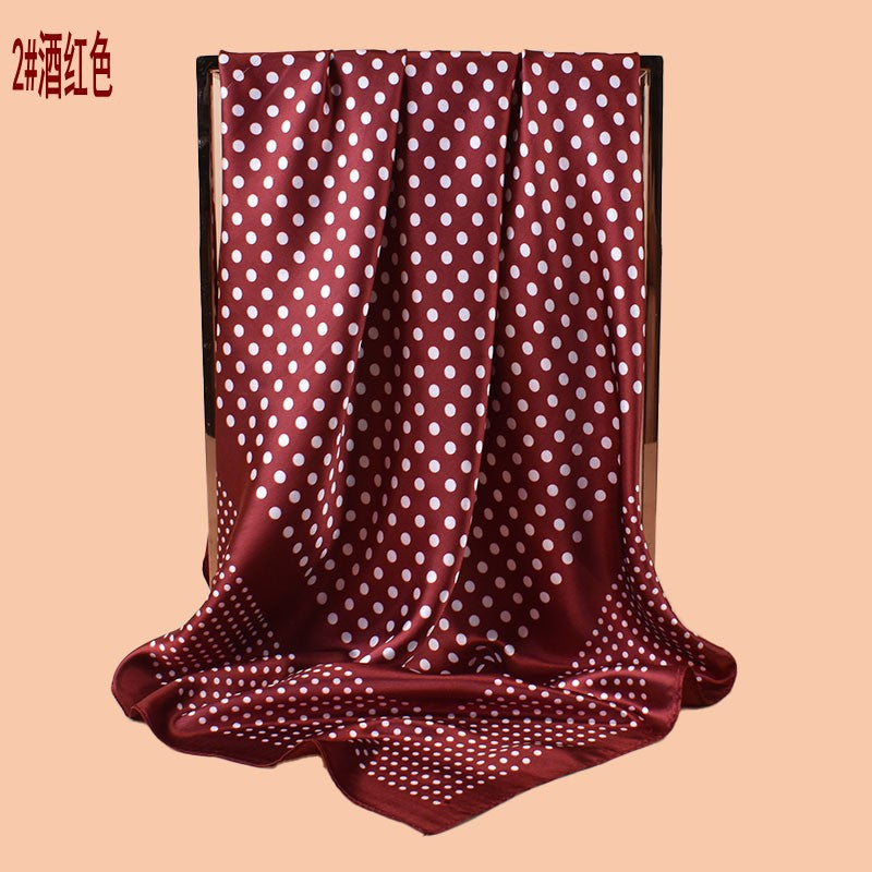 2025 new 90cm-satin polka dot flower versatile printed square scarf with sunscreen, bag head silk scarf decoration, scarf
