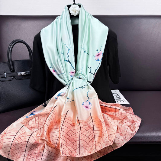 Korean version of simple and versatile plants, flowers, leaves, long silk scarves, elegant temperament, women's decoration, shawl scarf