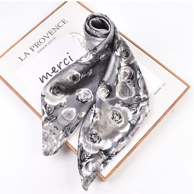 Autumn and winter new 90 high-end rose square scarf versatile retro printing women's 90-color diced imitation silk