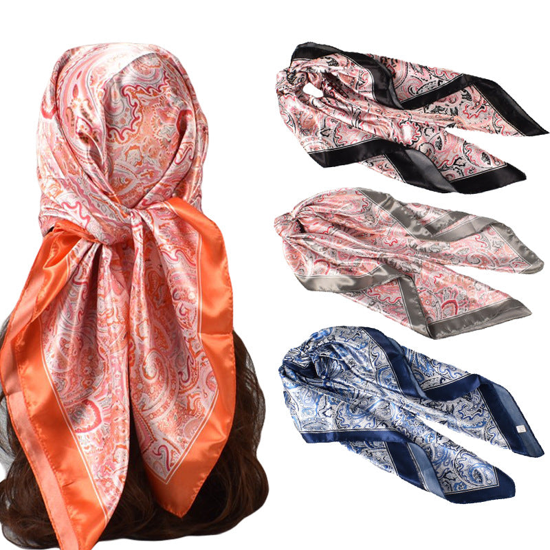 Spring new annual cashew flower simulation silk 90cm satin printing silk scarf