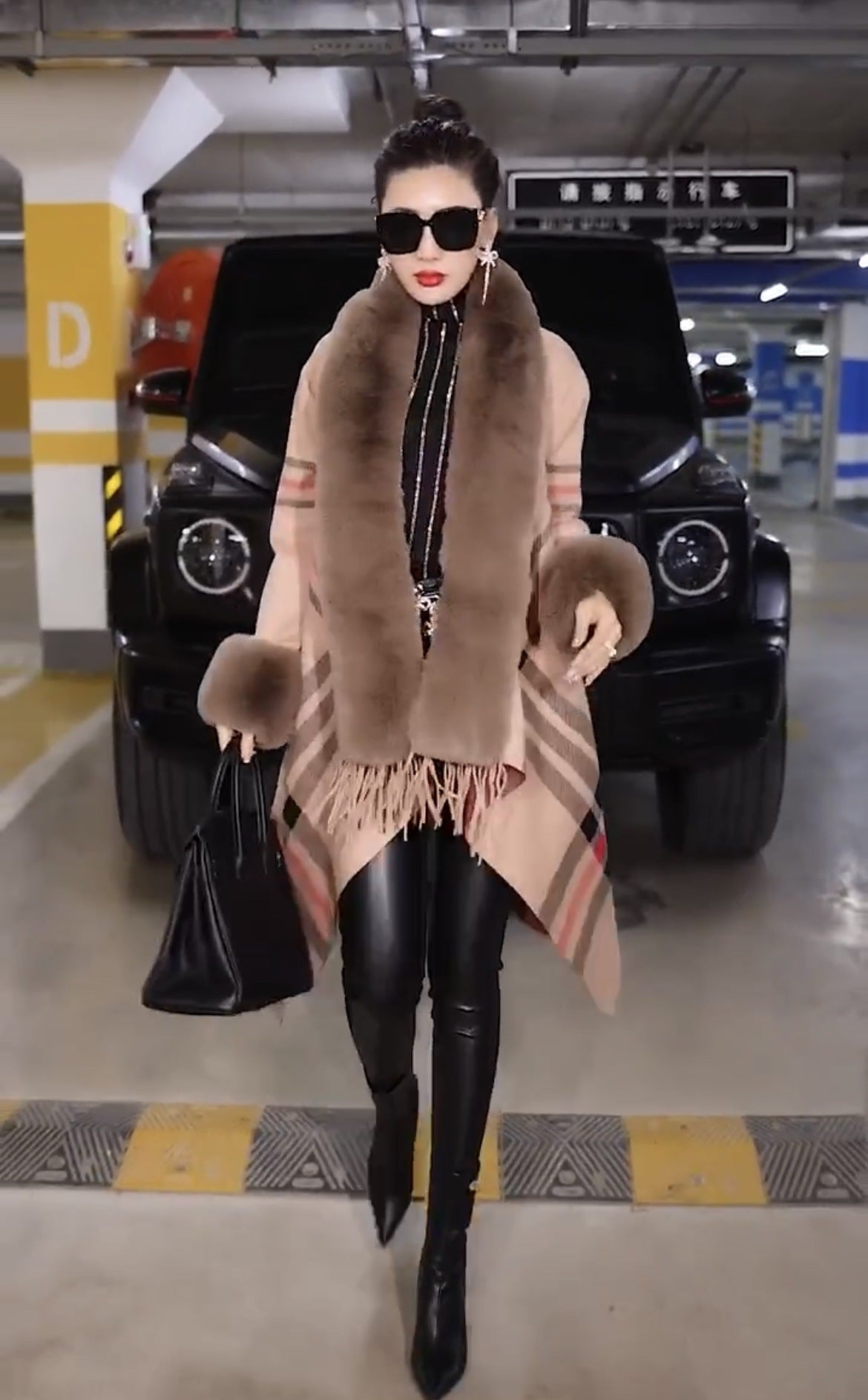 8325 #autumn and winter new irregular large fur collar plaid fringed shawl jacket medium and long knitted cardigan