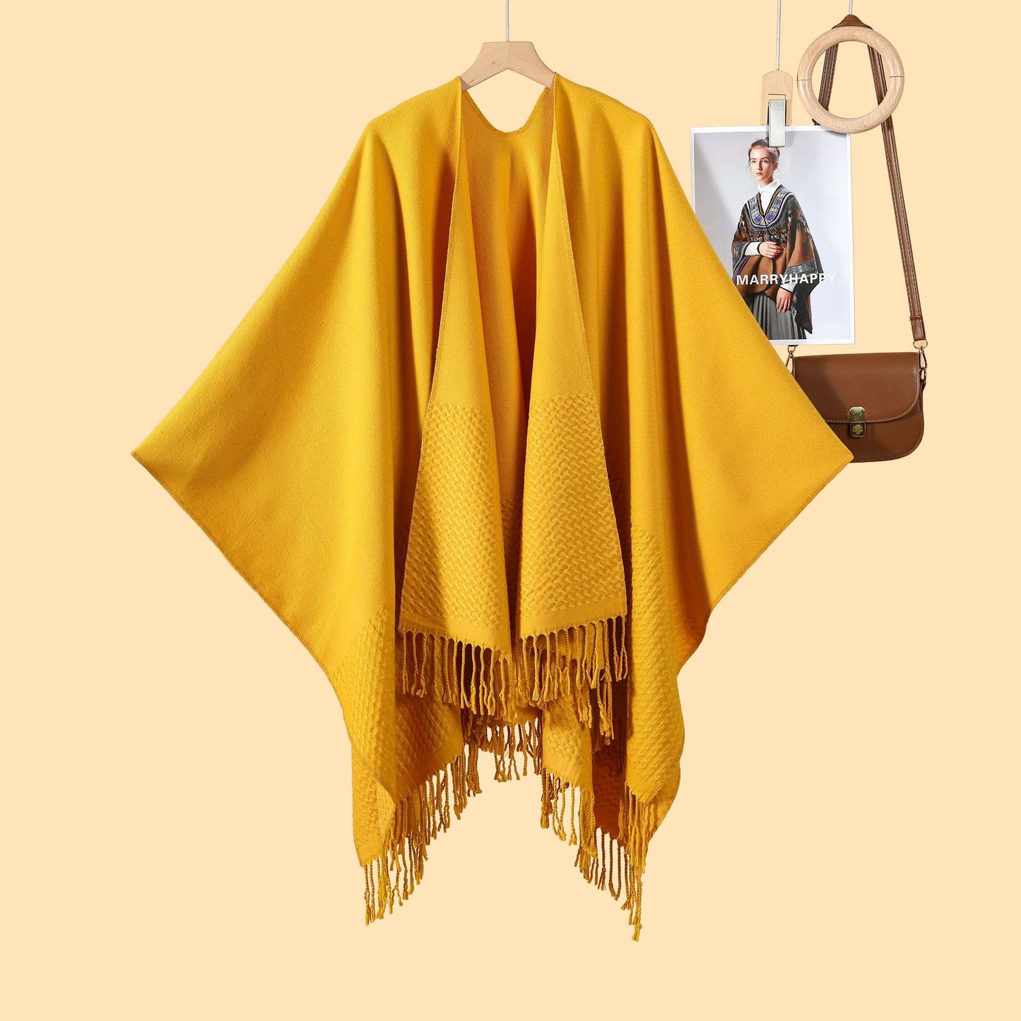 New monochrome fringed split shawl double-sided three-dimensional wave jacquard warm imitation cashmere scarf cape cardigan women