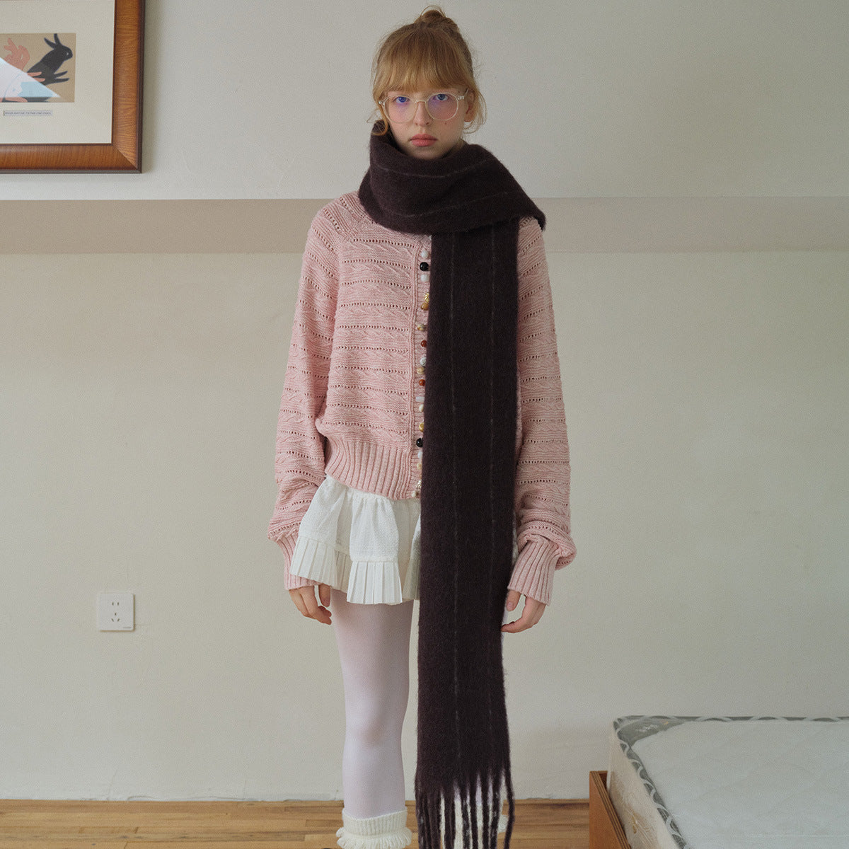 Swedish designer 25% wool blended vertical stripe neutral scarf women's winter black-brown atmosphere scarf