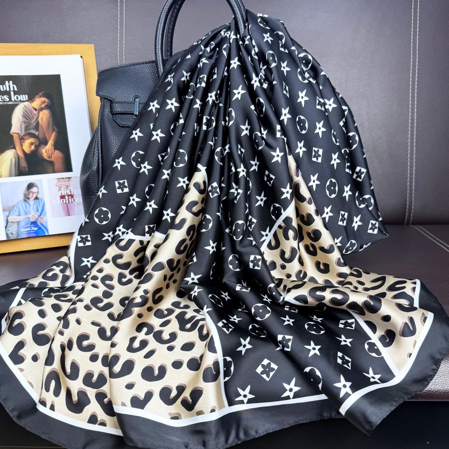 Fashion versatile geometric star leopard print beautiful brocade long silk scarf, elegant and high-end women's outer shawl